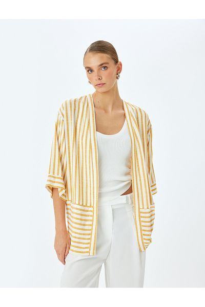 Koton 3/4 Wide Sleeve Pocket Striped Viscose Kimono