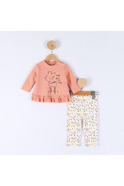 VALERY Baby Girl Deer Print Ruffled Salmon Double Bottom Top Set