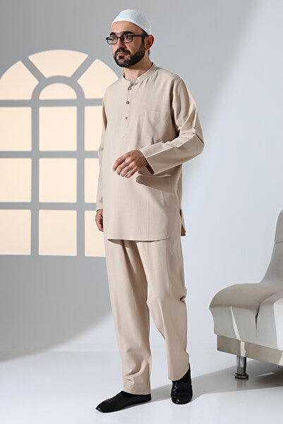 ihvan online Erkek Tek Cepli Hakim Yaka Gömlek Pantolon Keten İkili Takım Hac Umre Kıyafeti - Bej
