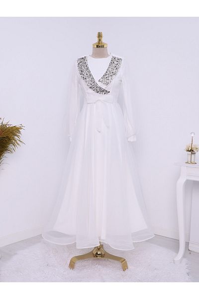 Modamorfo Stone Beaded Belted Tulle Evening Dress on the Front