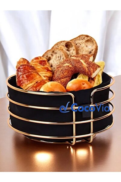 CocoVia Decorative Metal Round Gold Bread Holder Stainless Metal Bread Basket - Black Fabric Bread Holder