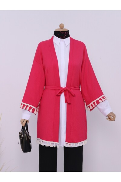 Modamorfo Pink Crinkle Kimono - Lace up Waist and Sleeves Tassels