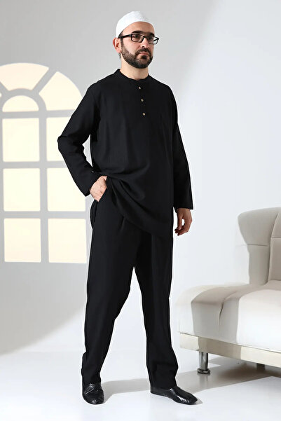 ihvan online Men's Single Pocket Prevailing Collar Shirt Pants Linen Double Suit Hajj Umrah Outfit - Black