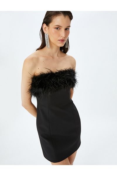 Koton Strapless Neckline Sleeveless Feather Detail Mini Slim Fit Evening Dress