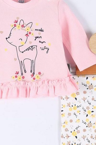 VALERY Baby Girl Deer Patterned Ruffled Pink Double Bottom Top Set