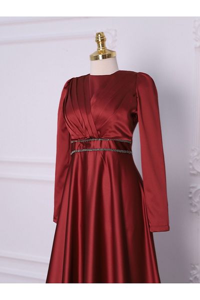 Modamorfo Beaded Satin Evening Dress - Front Draped Waist Design
