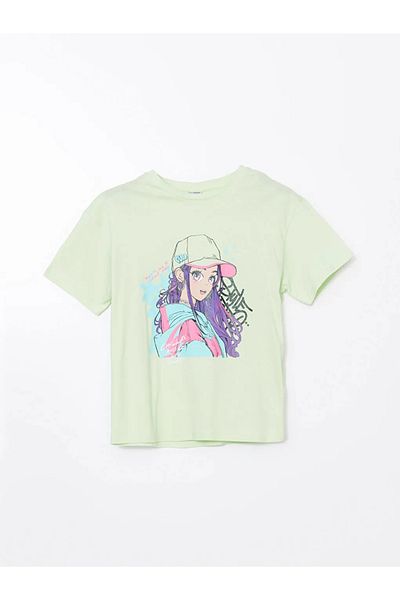 LC Waikiki LCW Kids Green Crew Neck Anime εμπριμέ μπλουζάκι για κορίτσια