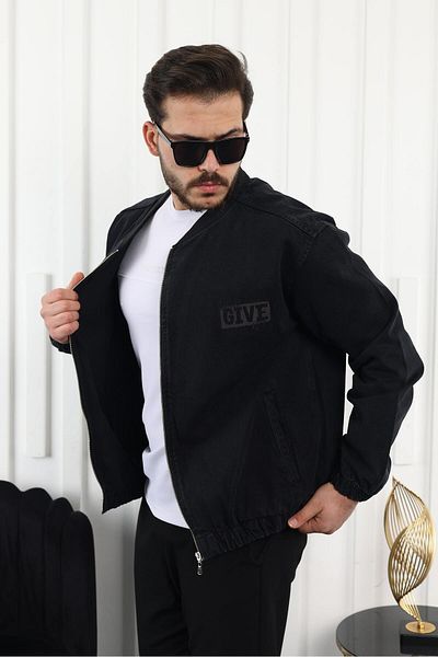 comstar Men's Oversize Casual Bomber Jean Black Zippered Denim Jacket