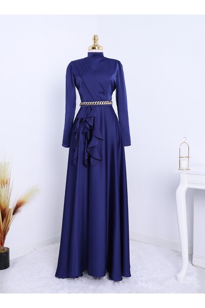 Modamorfo Derék lánc részletes fodros elülső szatén estélyi ruha -navy