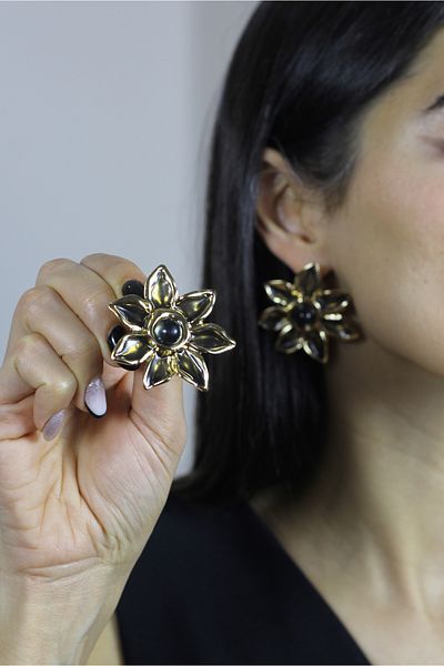 homet Flamboyant Gold Flower Earrings, Black Stone Centered Special Design