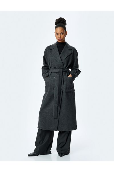 Koton Double Breasted Collar Pocket Belt Detailed Long Coat