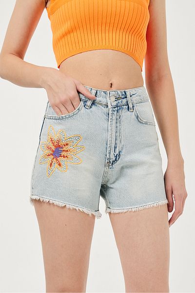 POODLE Fusta de damă, brodata cu talie înaltă, din denim