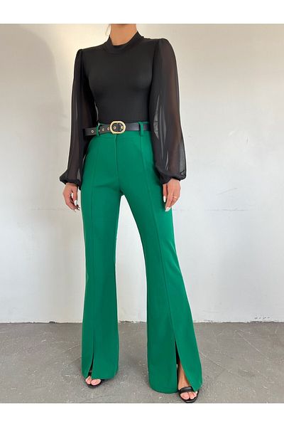 Modamorfo Spanish Leg Slit Belted Trousers -Green