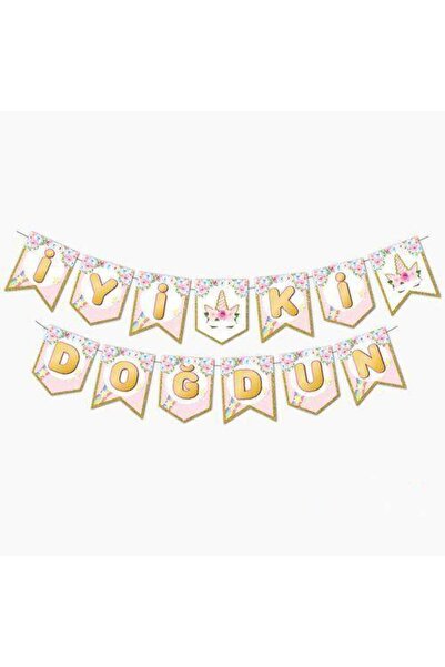 Parti Dükkanım Unicorn floral cu inscripția La mulți ani (190 cm)