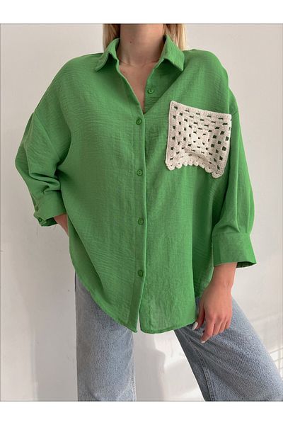 Modamorfo Πράσινο Fakir Sleeve Casual πουκάμισο - Πλεκτή τσέπη