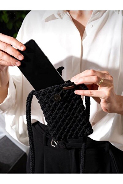 By G Tasarım Siyah Örgü Telefon Çantası /Mini Çanta