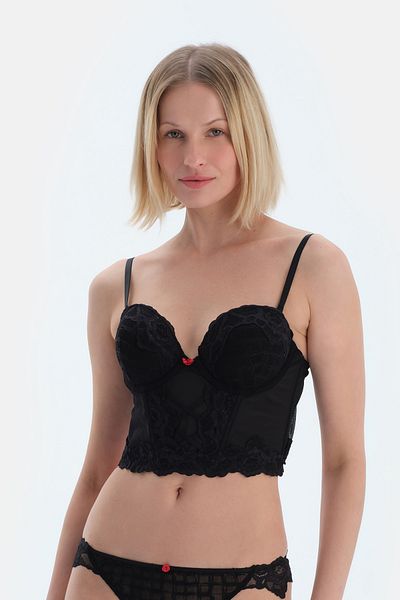 Dagi Schwarzes Bustier aus Spitze und Tüll mit Zickzackmuster vorne und Accessoire-Detail