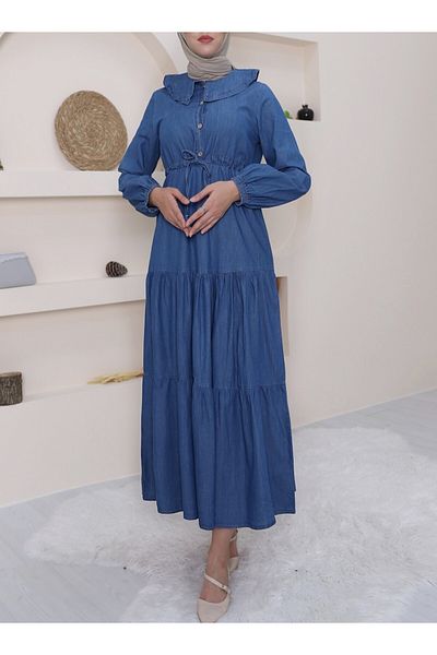 Modamorfo Halb geknöpftes Jeanskleid mit Babykragen und elastischen Ärmeln