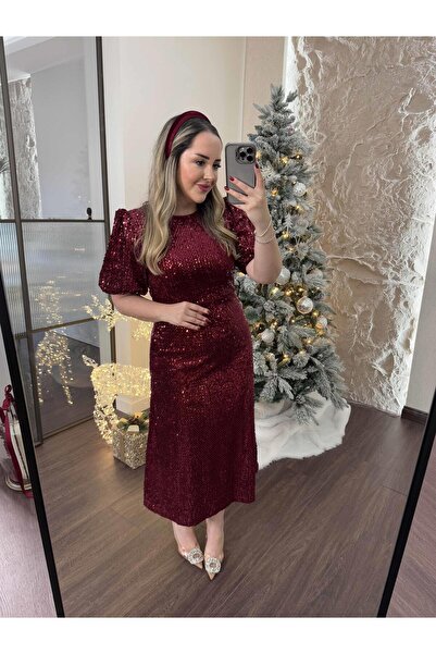 Byelifdursun Sandra Payet Balon Kol Midi Tasarım Payet Elbise Bordo