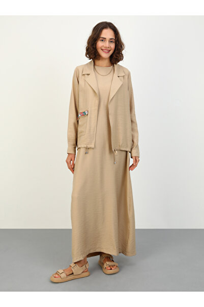 Benin Stripe Detailed Jacket & Dress Double Set - Light Mink -