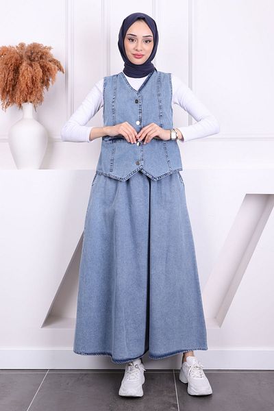 İmajButik Μπλε Γιλέκο Φούστα Διπλό Τζιν Σετ