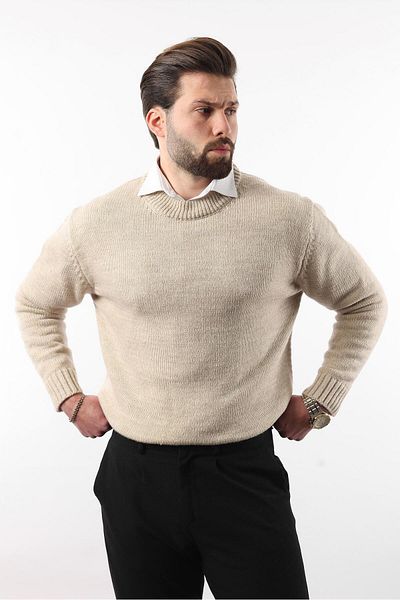 Madmext Ανδρικό πλεκτό πουλόβερ Beige Crew Neck Overfit E7402