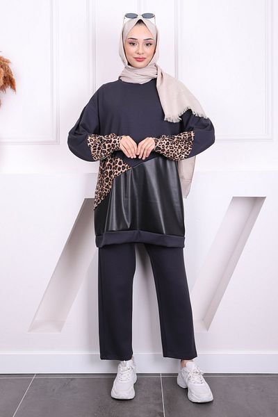 İmajButik Modal Tunic Pants Suit with Smoked Leather Garnish