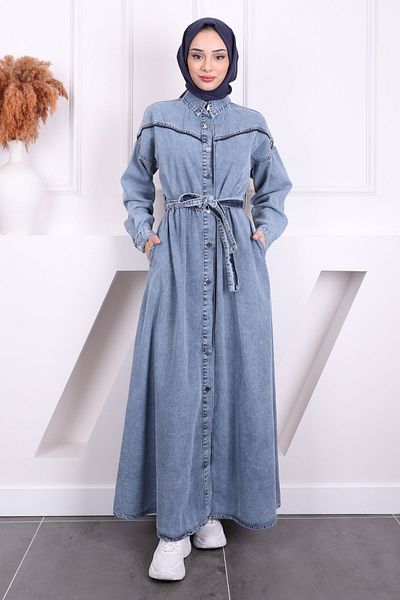 İmajButik Μπλε τζιν φόρεμα με κουμπιά με ζώνη