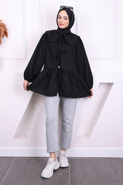 İmajButik Μαύρος γιακάς μωρού με γραβάτα λινό κιμονό