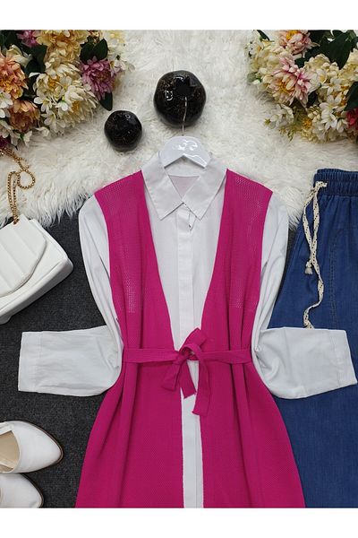 Modamorfo Fuchsiafarbene Frühlingsstrickjacke aus Mesh