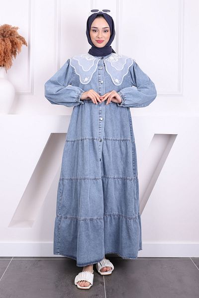 İmajButik Τζιν φόρεμα με μπλε γιακά με κουμπιά