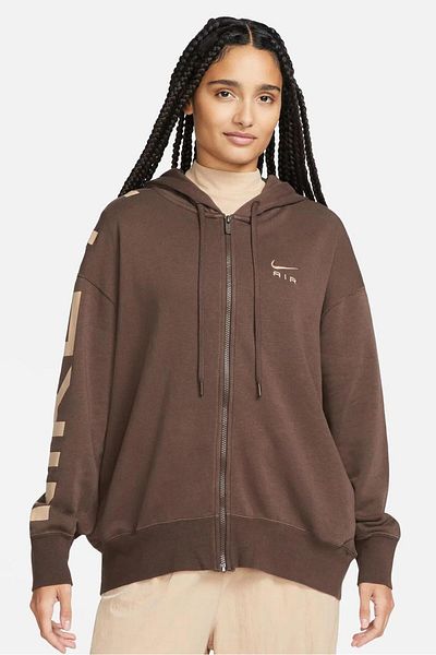 Nike Дамски суитшърт с качулка Sportswear Air Fleece Oversize Full Zip, голям размер, кафяв