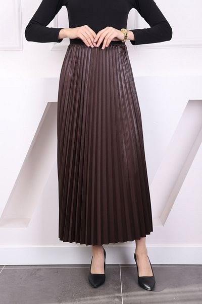 İmajButik Brown Leather Look Pleated Skirt