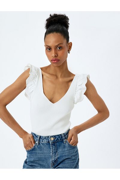 Koton V-Neck Sleeveless Flounced Ruffled Knitwear T-Shirt