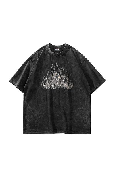 Sekizbiraltı Flame Stone Printed Oversize Unisex Washed Μαύρο Tshirt