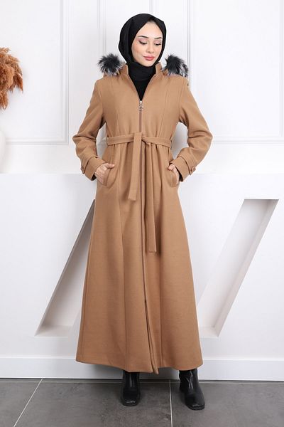 İmajButik Μπισκότο Μπισκότο Μέσης Ζώνης με κουκούλα Παλτό Κασμίρ