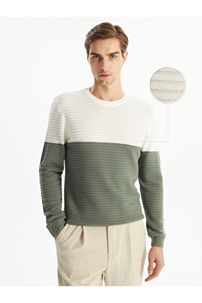 LC Waikiki Green Crew Neck Long Sleeve Color Block Men's Knitwear Sweater