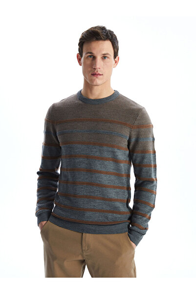 LC Waikiki Ανδρικό πλεκτό πουλόβερ με μακρυμάνικο ριγέ λαιμόκοψη LCWAIKIKI Classic Brown