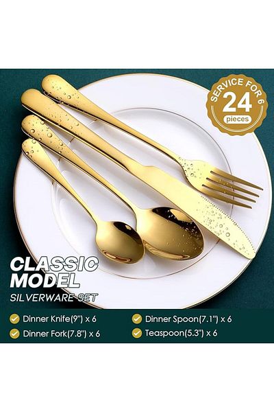 Lumely 24-Pieces Gold Silverware Flatware Set, With Fork Spoon knife, Durable, Cutlery Set for 6 People
