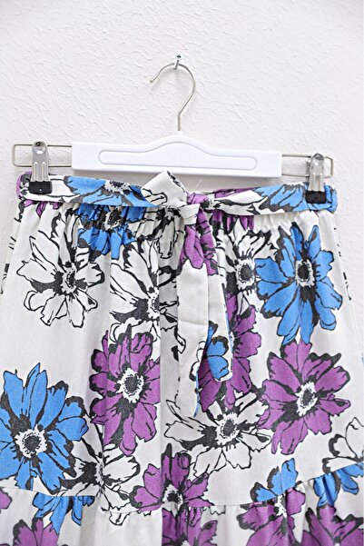 Modamorfo Linen Skirt - Patterned, Belted and Elastic Waist - Purple