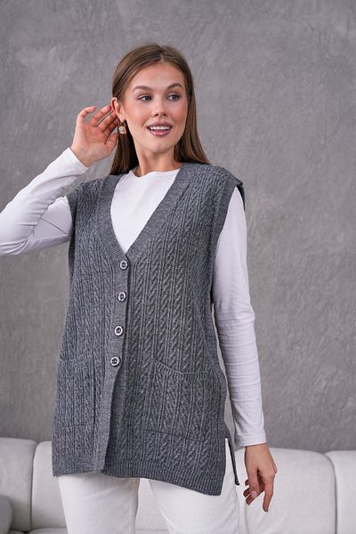 FLEX FASHION Women's Knitwear Knitted Patterned Mother Vest with Pockets and Slits