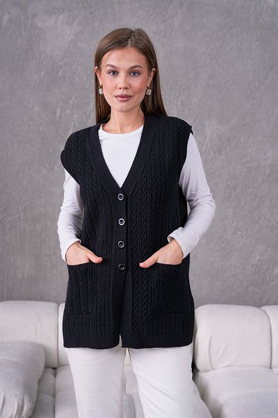 FLEX FASHION Women's Knitwear Knitted Patterned Mother Vest with Pockets and Slits