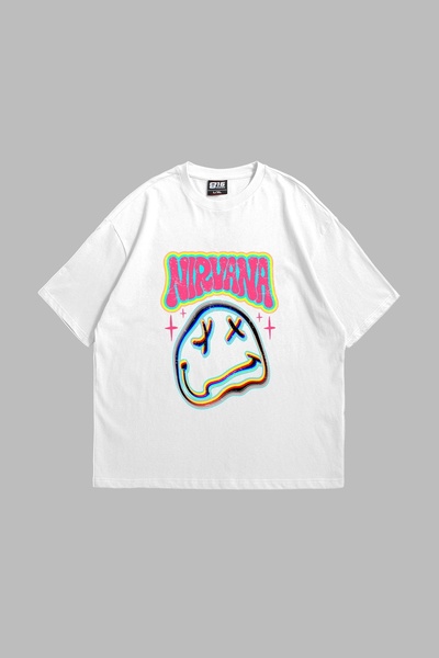 Bak Moda Tricou alb unisex oversize cu imprimeu Nirvana Smile