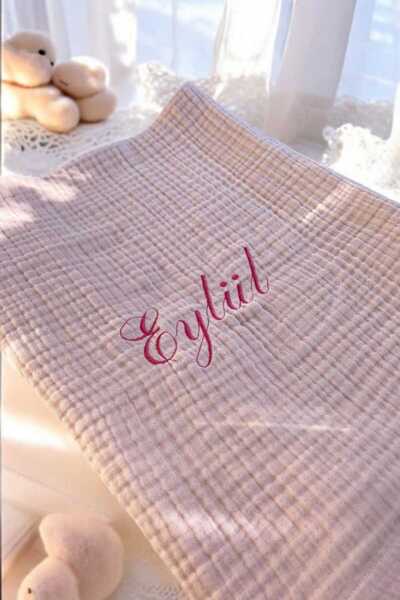 Lasilla 4 Katmanlı Pudra İçi Lüks Müslin İsimli Bebek Battaniyesi, Nakış Yazı...