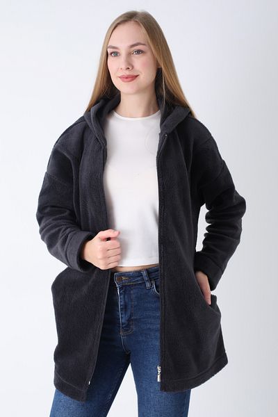 İntensive Women's Anthracite Zippered Hooded Pocket Oversize Plush Cardigan