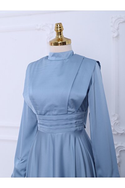 Modamorfo Beli Plise Detaylı Önü Çift Kat Saten Abiye -bebe Mavi