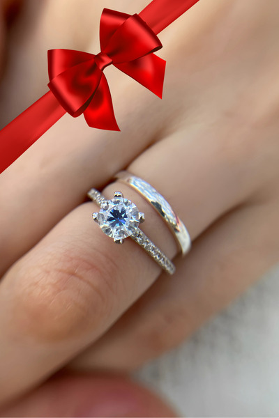 CARAT STONE 925 ayar gerçek gümüş kadın tektaş yüzük ve 1.5mm alyans set