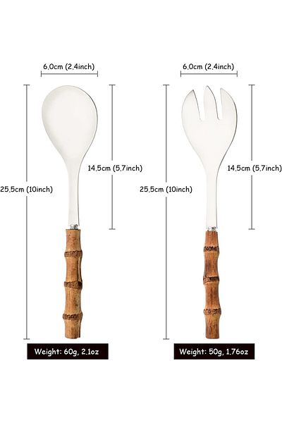 COOYA 4 Piece Serving Spoon and Fork Set, Stainless Steel, with 10" Natural Bamboo Handle, 2 of Each