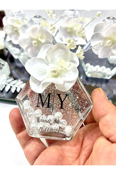 Nikah Şekeri Market Altıgen Cam Şişe 50cc Beyaz Çiçekli Simli İncili Limon Ko...