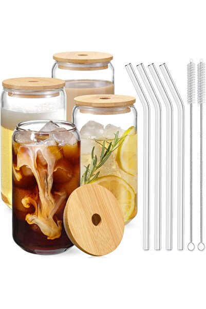 NETANY Drinking Glasses Set - Bamboo Lids and Glass Straws 16 oz